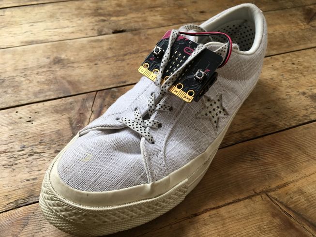 micro:bit with blank display attached to shoe