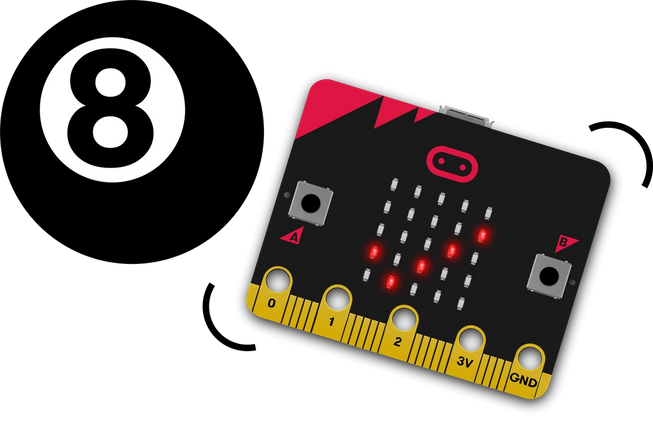 micro:bit being shaken and showing a tick on its LED display next to a magic 8 ball toy