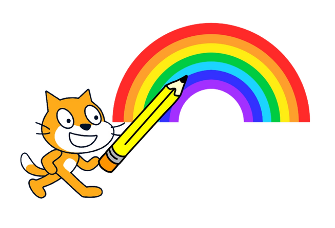 Scratch cat holding a pencil over a rainbow