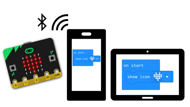 Мобилни телефон и таблет поред micro:bit уређаја